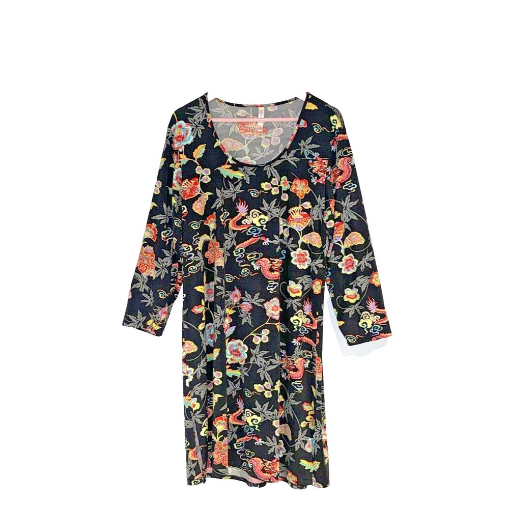 🖤Natori Slip Dress XL Dragon Flowers Black long Sleeve Whimsi Goth Y2k 80's 90'